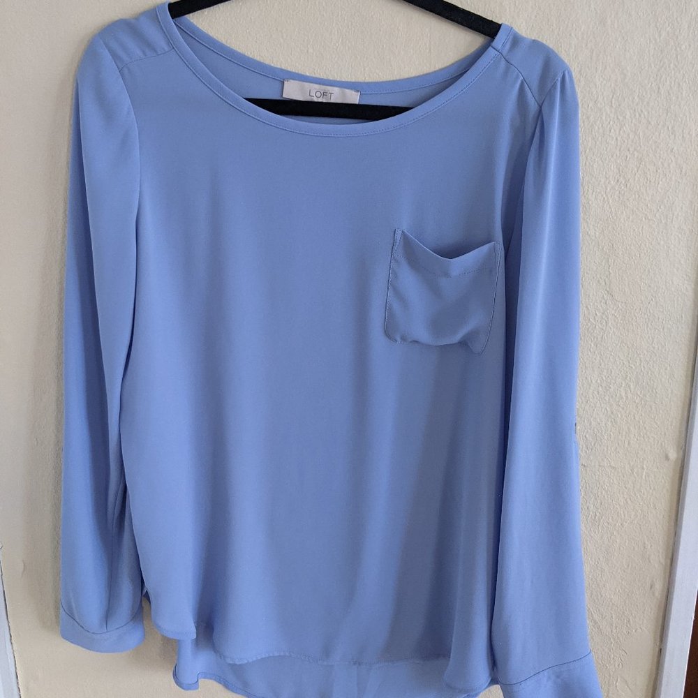 LOFT Blue Long Sleeve Shirt / collarless pocket